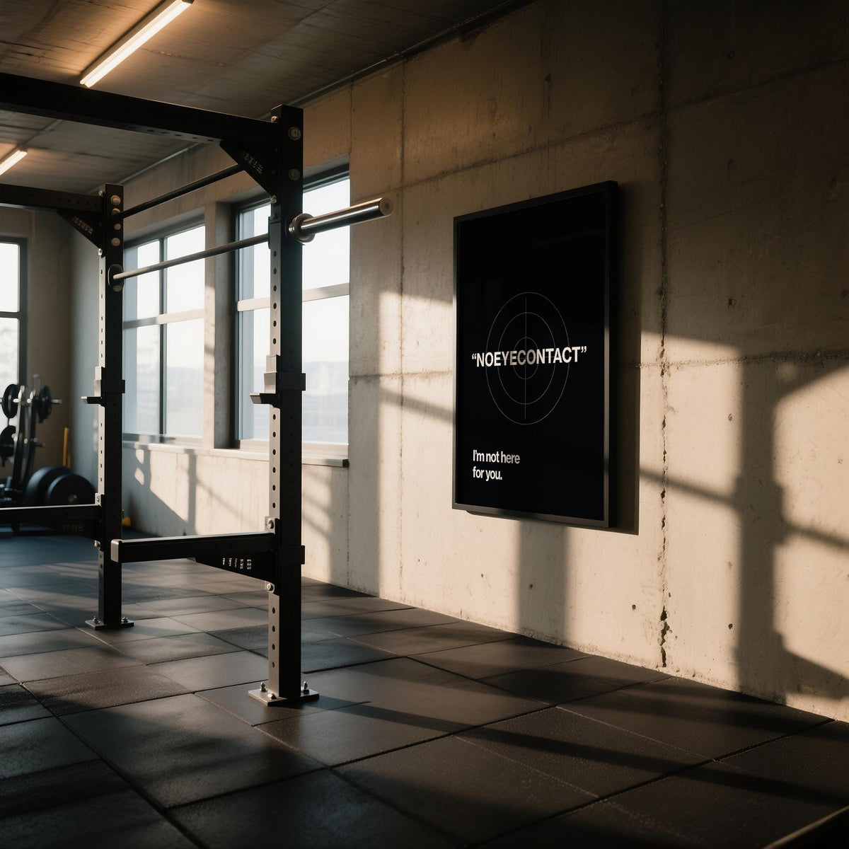 Gym art with a black background and white text hung on a concrete wall near gym equipment