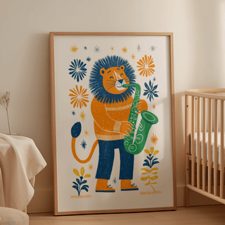 Print of Saxophone Lion Art Print leaning on the floor near a baby cot in a nursery