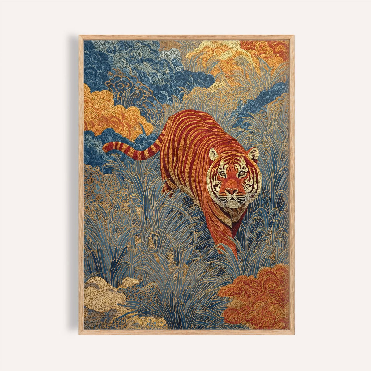 Traditional Japanese Tiger Art framed print showing a walking tiger in blue and orange foliage