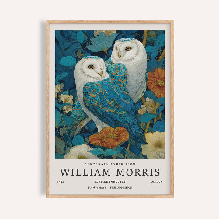 Wall Art Unique twin barn owls illustration with botanical details in blue and orange shades