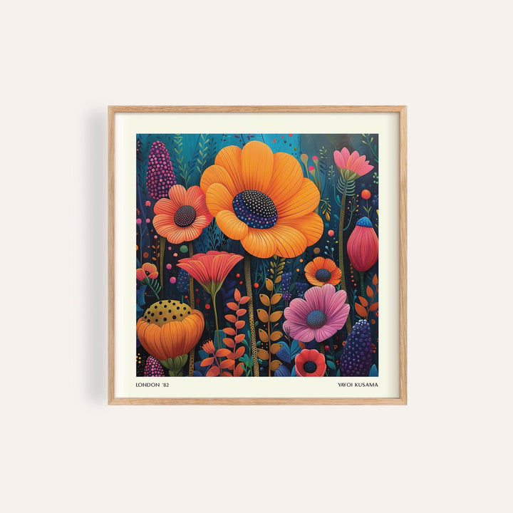 Framed print of Japanese Modern Art with orange and pink flowers in illustration style