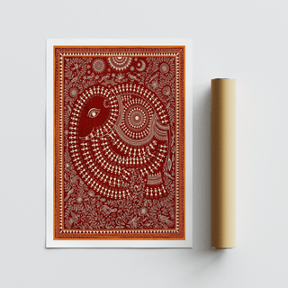 Indian Folk Art Poster of a decorative elephant with red and beige folk-art style print with a packaging tube