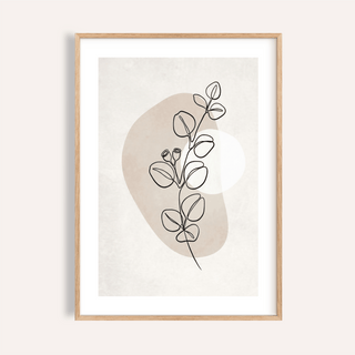 Framed botanical line art print of a simple plant stem with beige and white abstract shapes