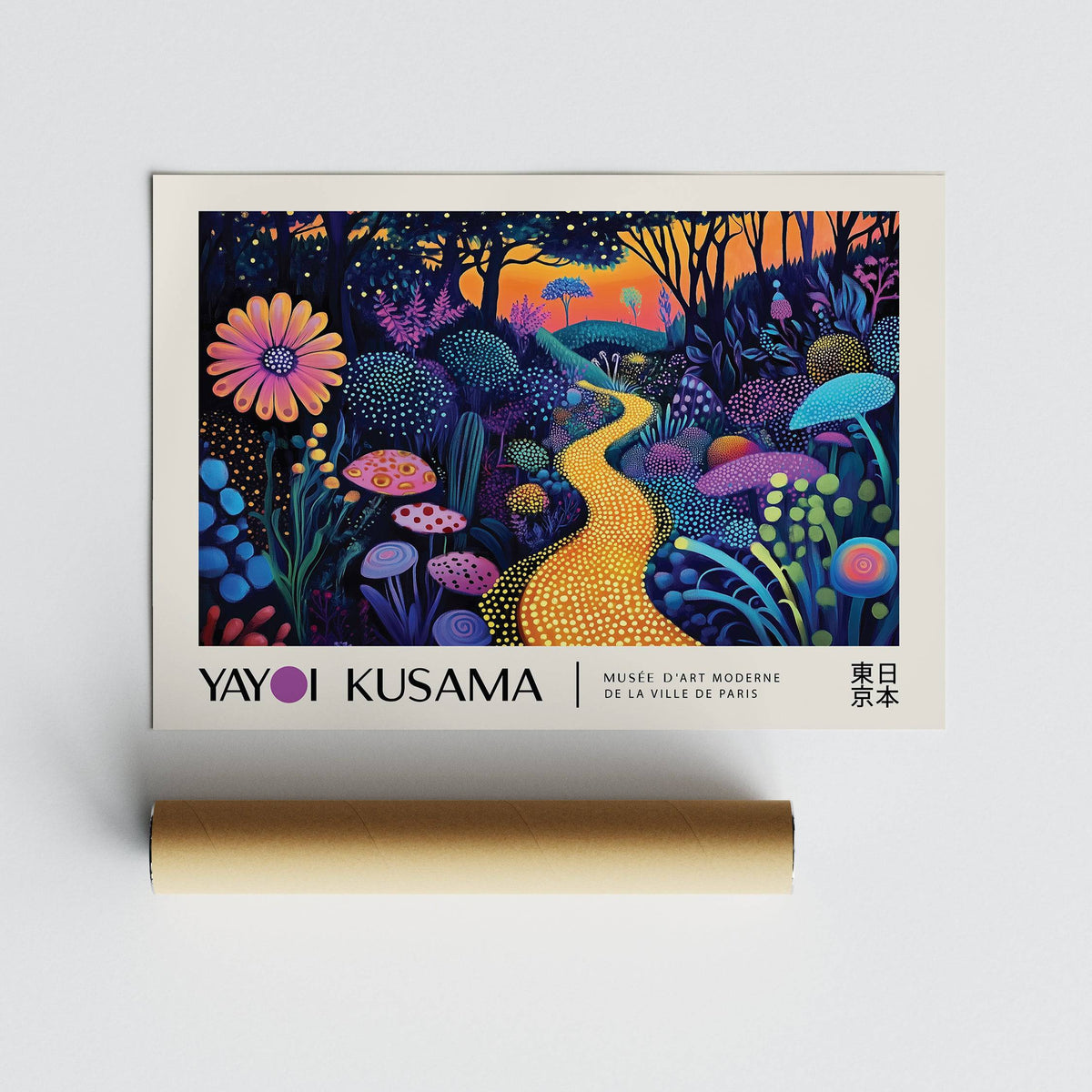 Mystical Prints flat print with glowing yellow path and colourful abstract forest alongside packaging tube