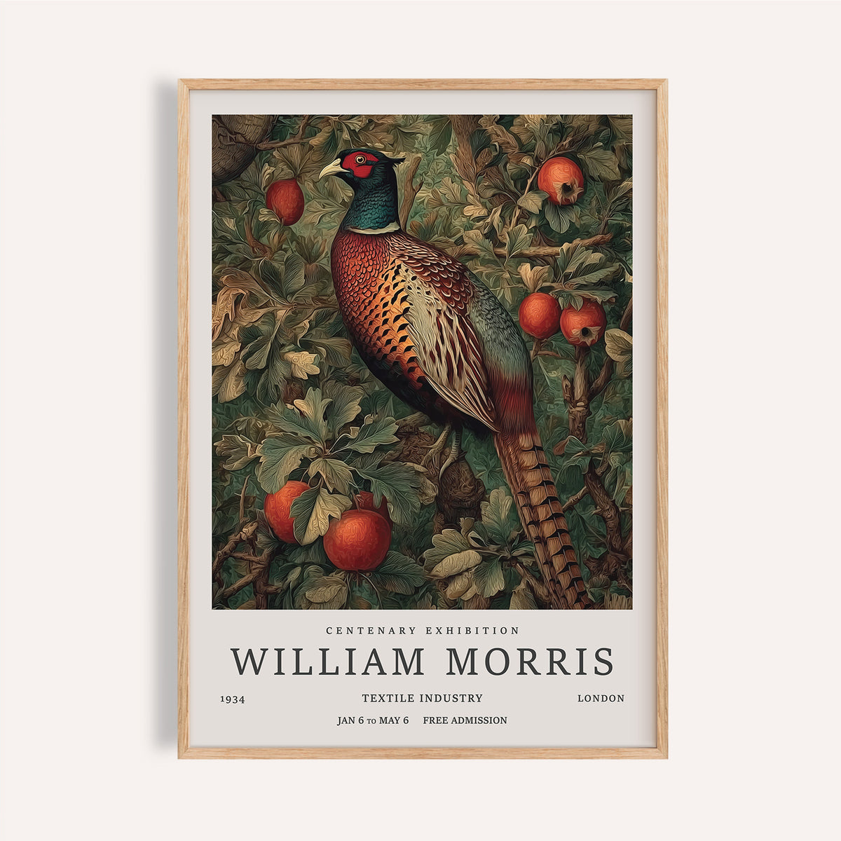 Framed Pheasant wall art with botanical illustration style and vintage fruit details