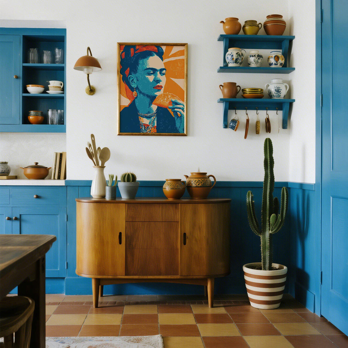 Taco print on a kitchen wall with blue cupboards and a brown sideboard with pottery