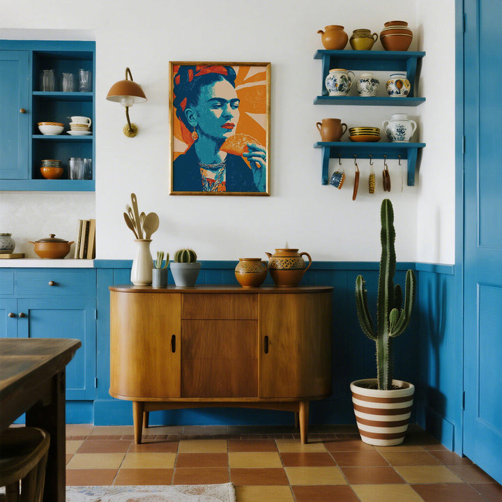Taco print on a kitchen wall with blue cupboards and a brown sideboard with pottery