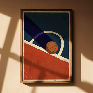 Framed close-up of vintage basketball poster with blue red and white shapes in natural light