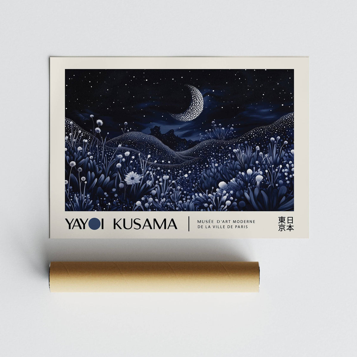 Night-Art print of a crescent moon over floral hills in dark blues with a packaging tube