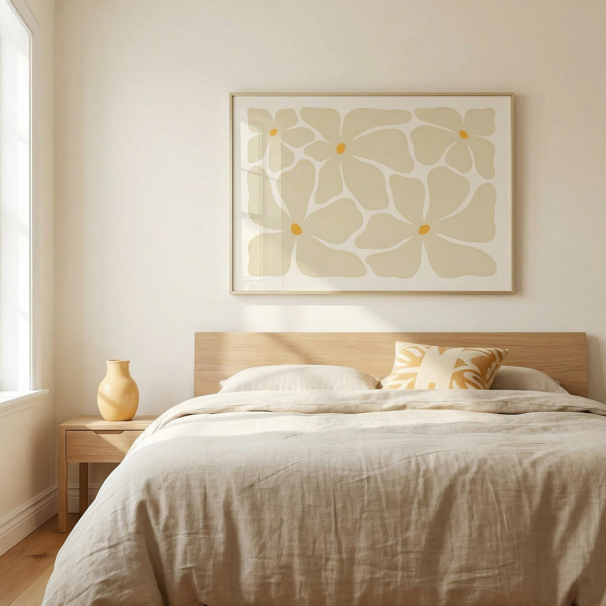 Modern Floral Poster abstract beige flowers in a frame on a bedroom wall above a bed with a floral cushion
