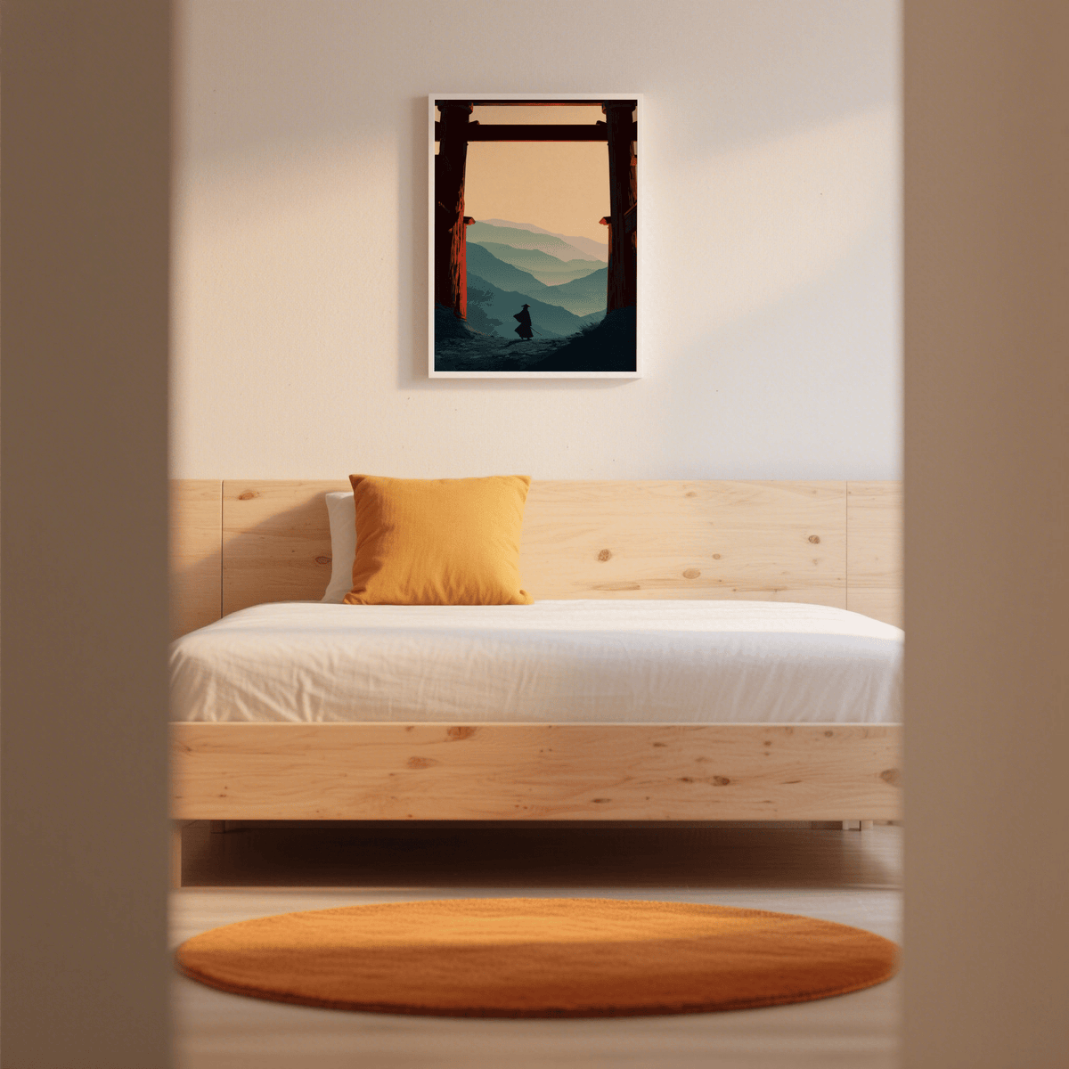 Print on a wall in a bedroom of a samurai silhouette against mountain layers and a large torii gate above a bed with an orange cushion