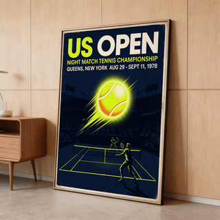 Framed New York Tennis Championship Poster with neon yellow tennis ball and dark blue court leaning on a floor