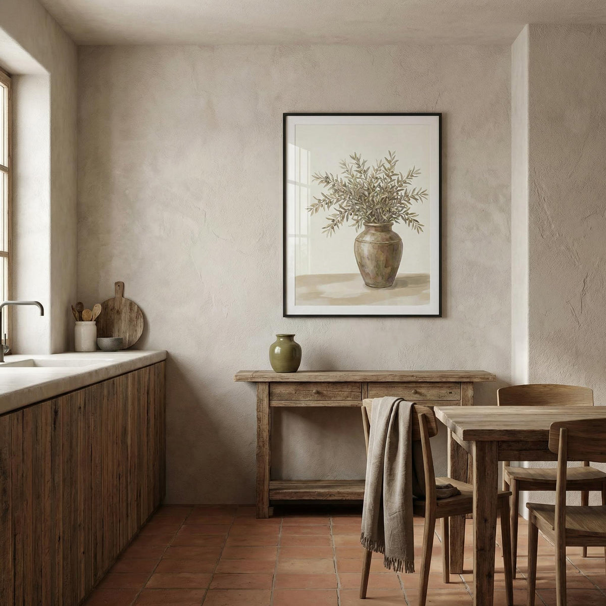 Olive Branch Decor print above a rustic table with green ceramic vase in a kitchen dining area