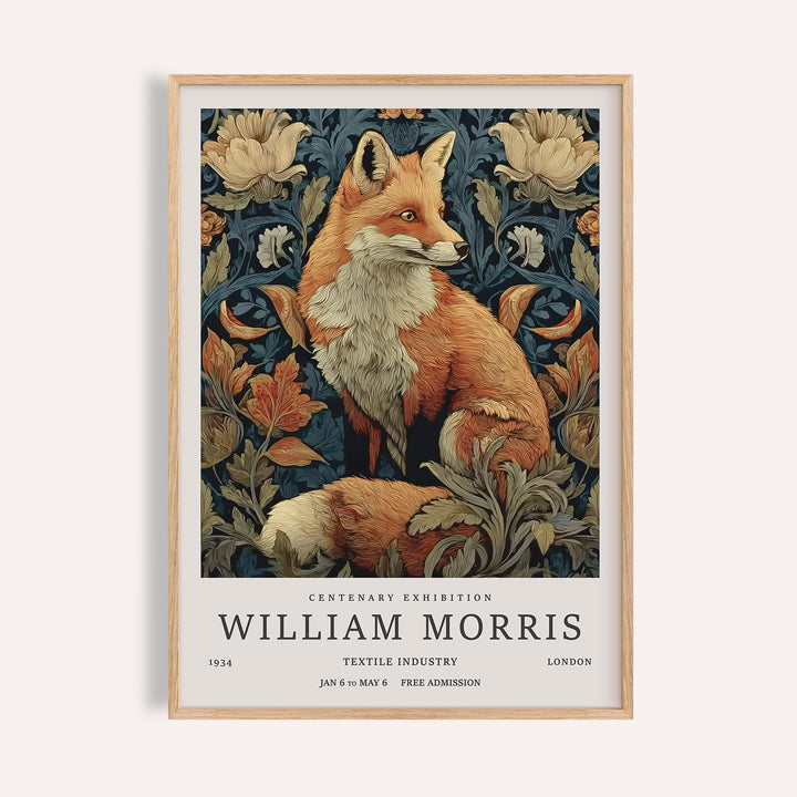 William Morris Fox Print close-up of a red fox among detailed beige and blue botanical illustrations