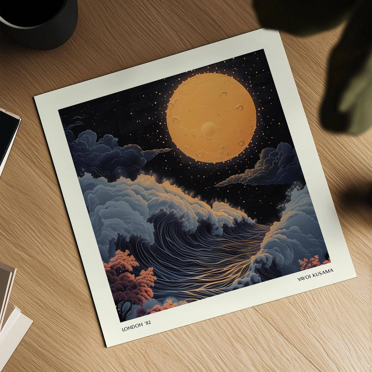 Detail close-up of Japanese Art Pictures print showing a large full moon over stylised waves in blue and orange on wood