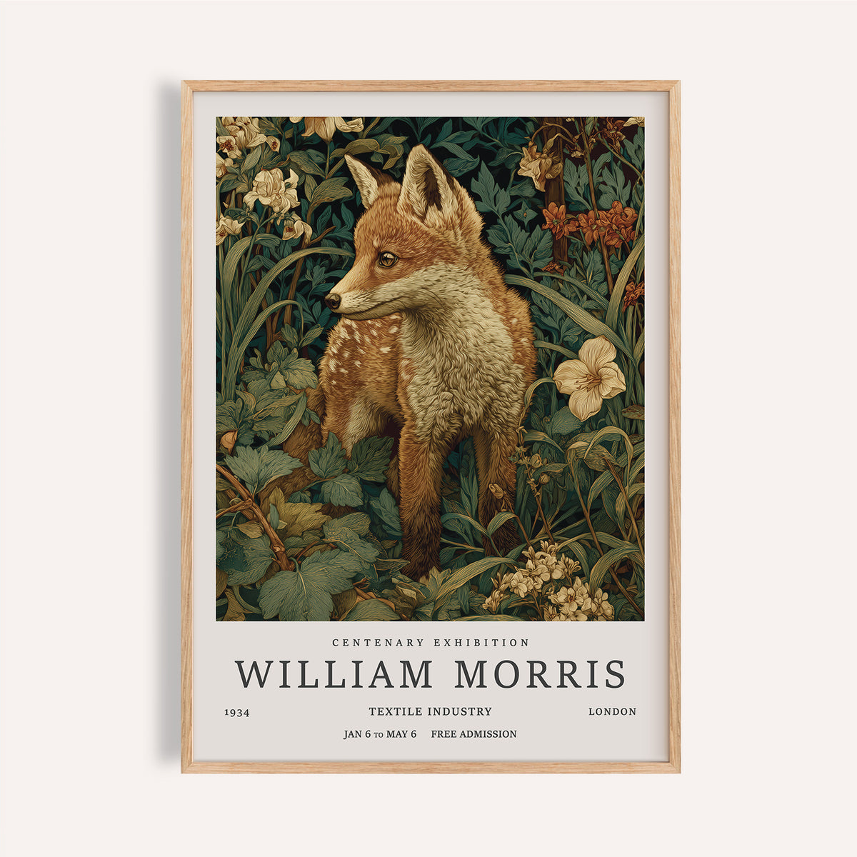 Framed cottagecore wall art of a fox among green foliage and vintage flowers