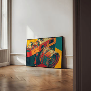 Vintage Camera wall art of a retro camera with orange yellow and teal colours leaning against a white wall on wooden floor