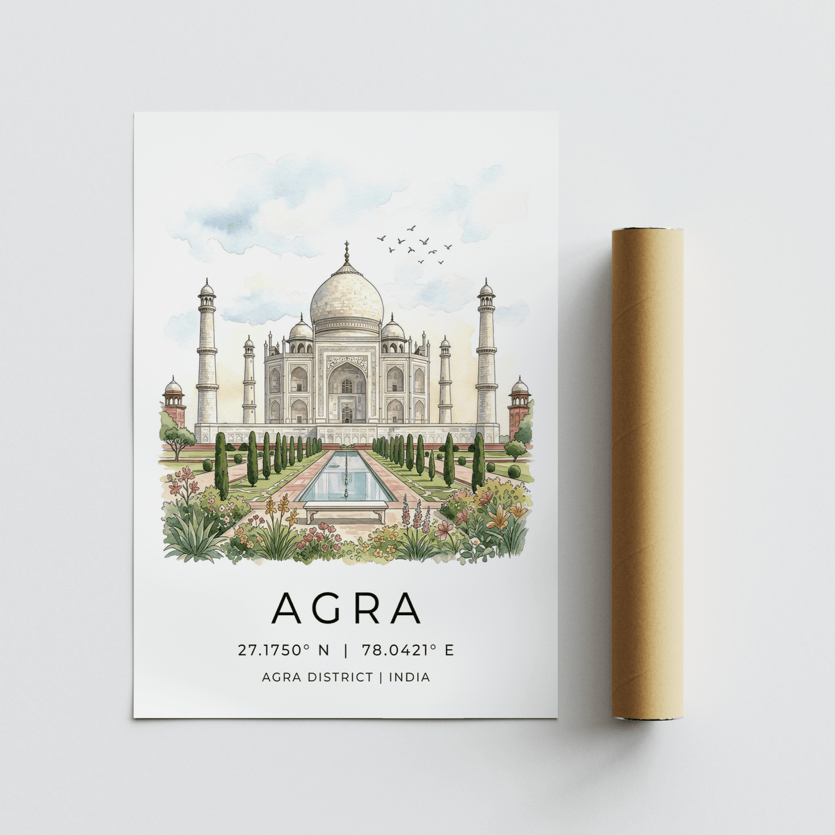 Agra Historical Poster showing the Taj Mahal with soft watercolour tones and a packaging tube nearby