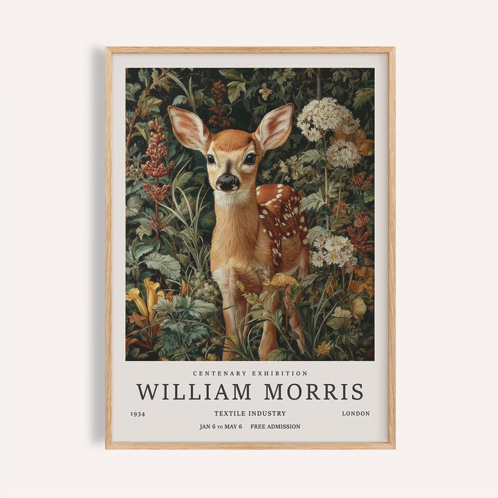 Framed forest art print of a woodland fawn amid detailed botanical illustration in earthy colours