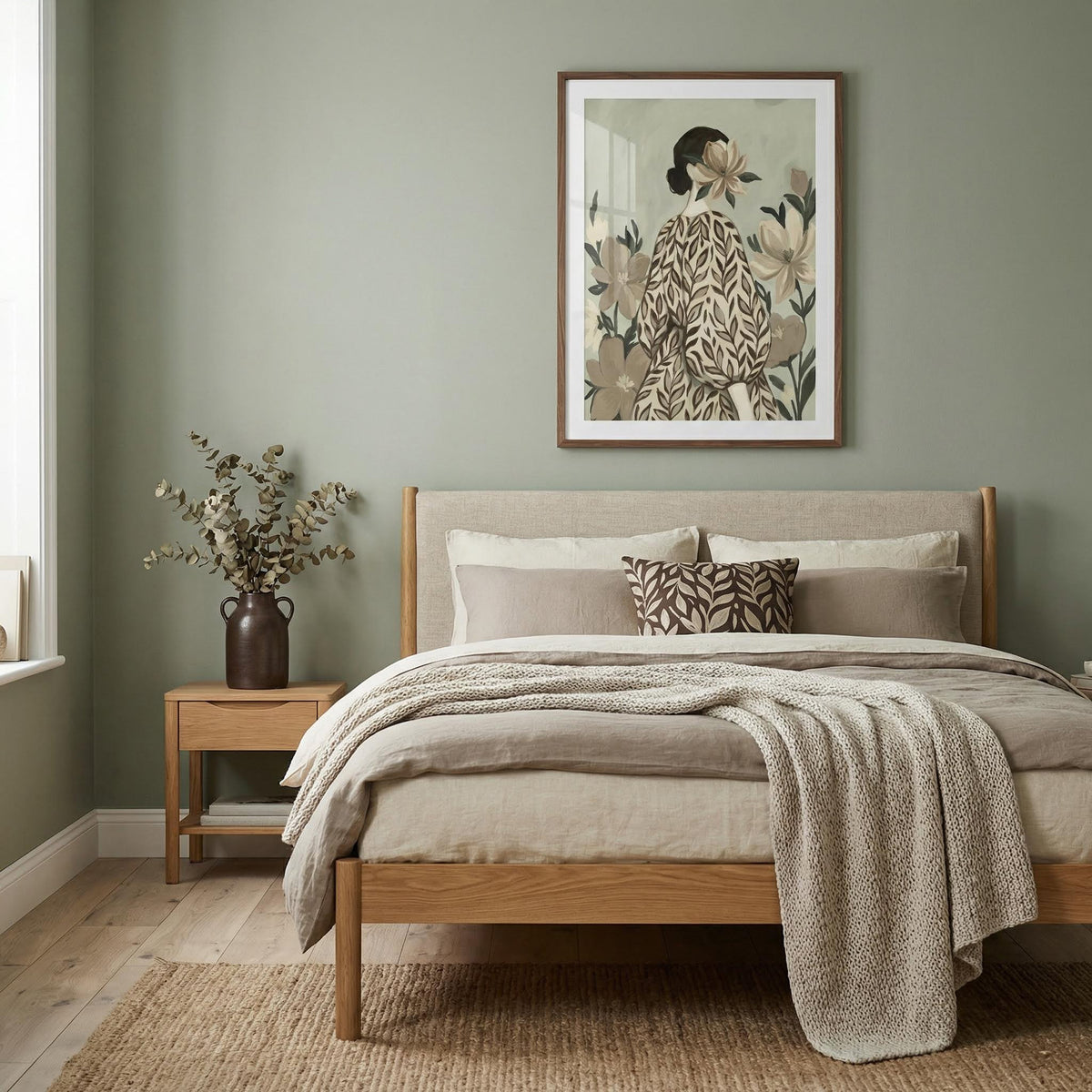 Botanical Portrait Painting print on a bedroom wall above bed with cushioned headboard and knitted throw