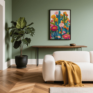 Cactus Flower Art print of colourful cactus blossoms above a wooden console in a green living room
