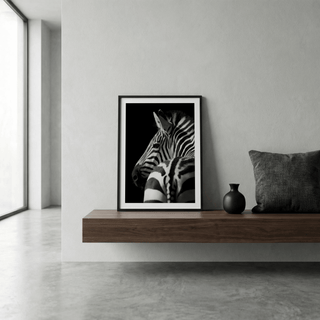 Black and white zebra print with clear stripes framed on a wall shelf next to a black vase