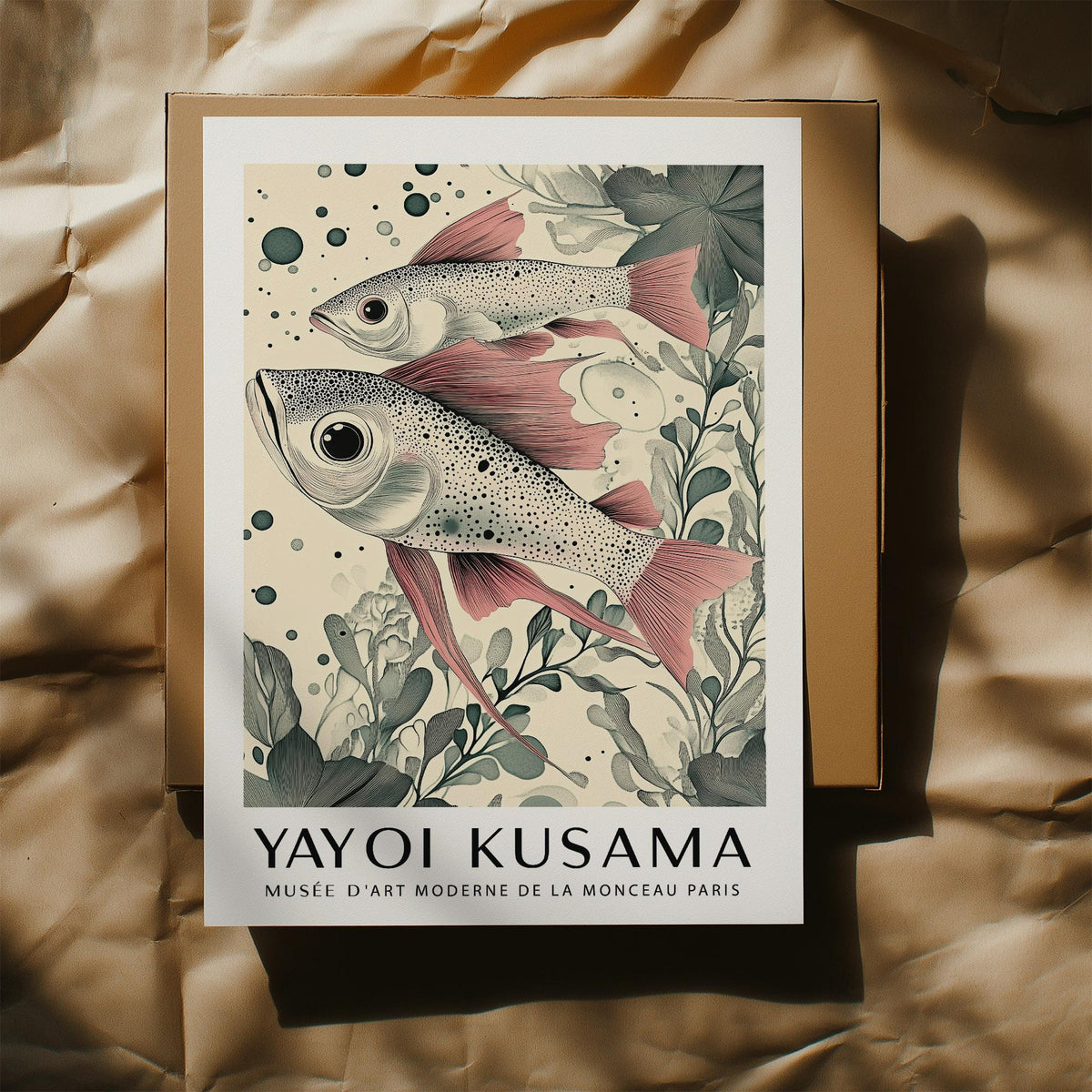 Flat artwork showing pink finned fish with green foliage and text at bottom on paper over a box