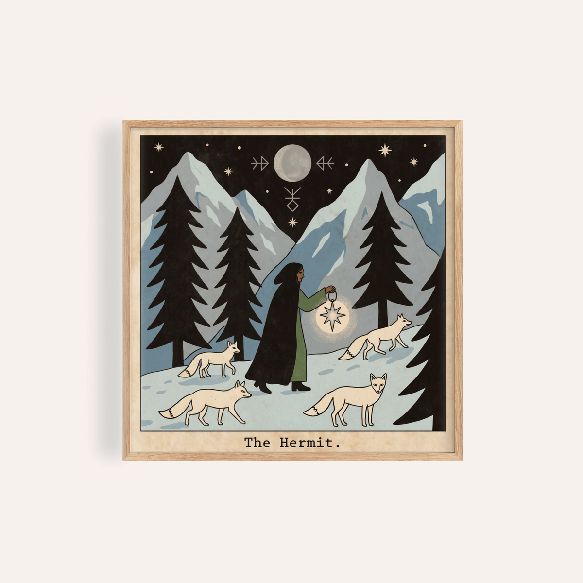 Framed print of The Hermit Tarot Card Art showing a hermit with a lantern and foxes against a mountain backdrop