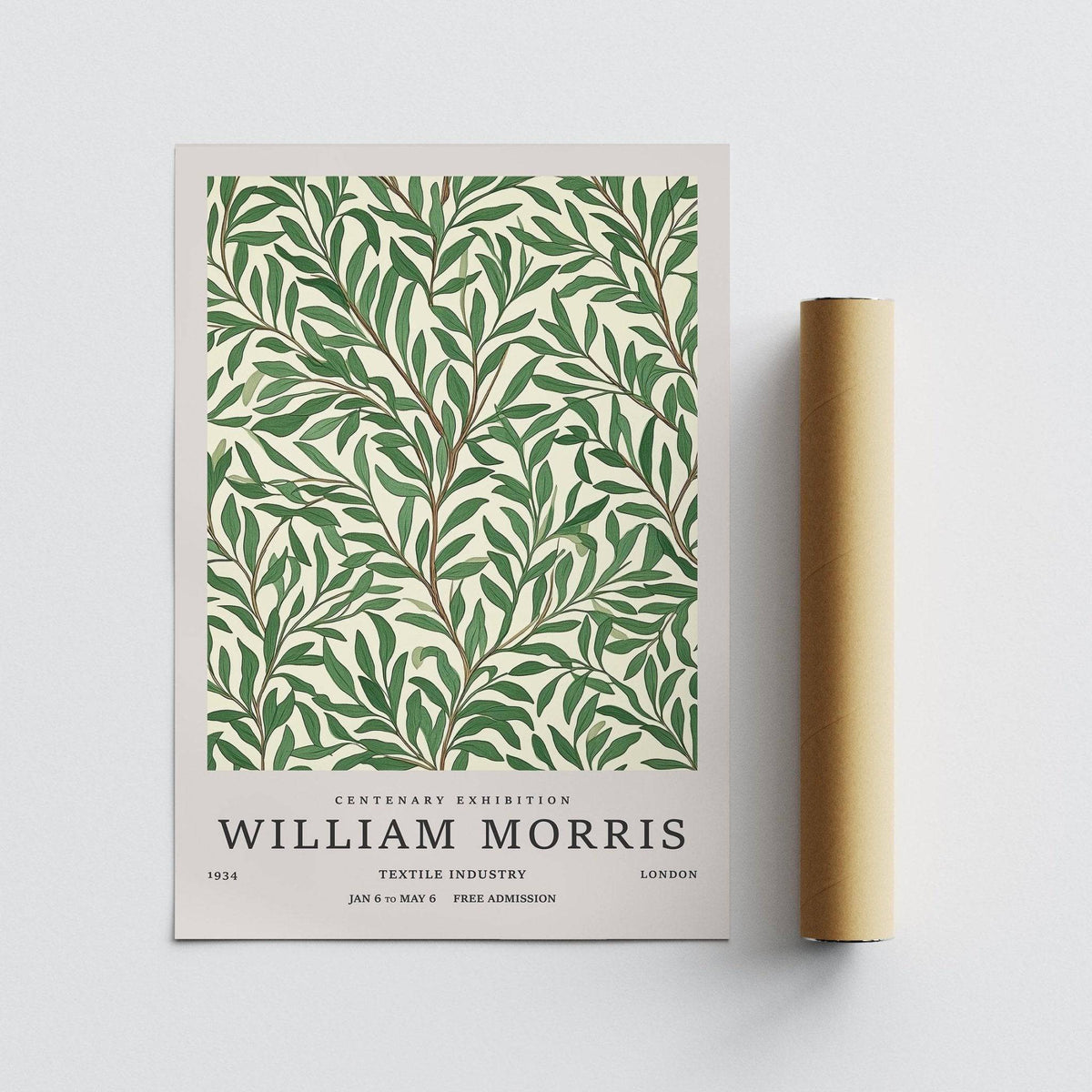 Rolled print with packaging tube featuring willow branches with green leaves on a cream background