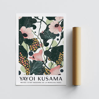 Wall art with pink flowers and dark green leaves alongside a packaging tube