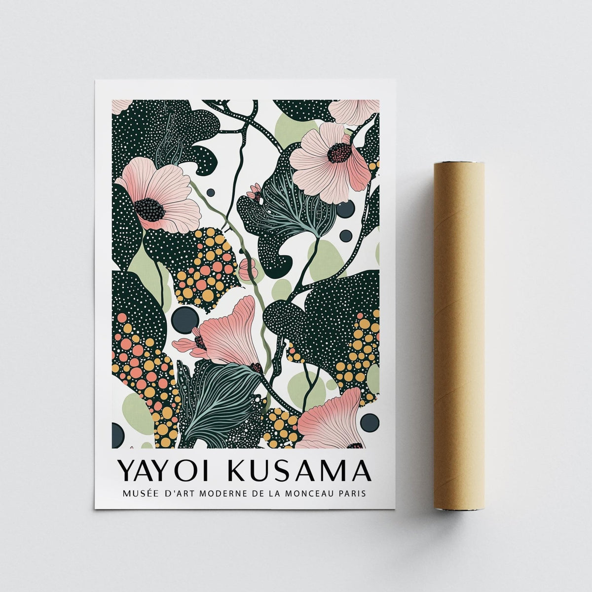Wall art with pink flowers and dark green leaves alongside a packaging tube