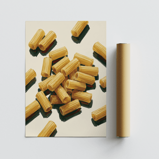 Italian kitchen prints set of 3 showing rigatoni pasta in a minimalist photographic style on a light background with packaging tube