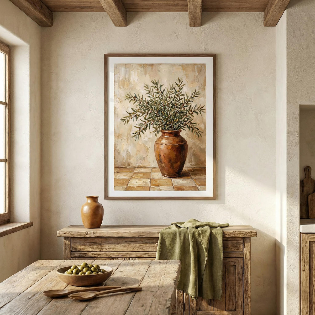 Rustic Olive Art framed print of olive branches in a brown vase in a room with a wooden table and green cloth