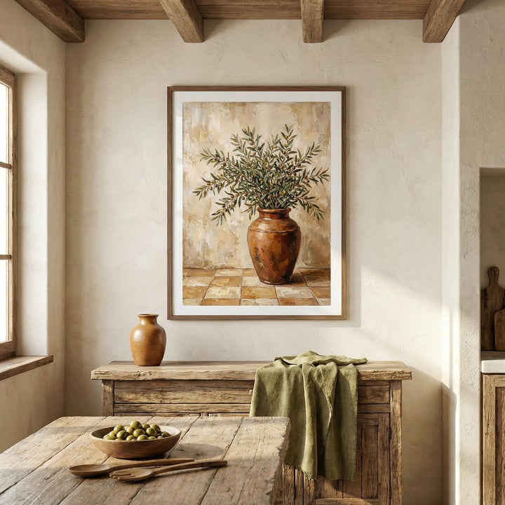 Rustic Olive Art framed print of olive branches in a brown vase in a room with a wooden table and green cloth