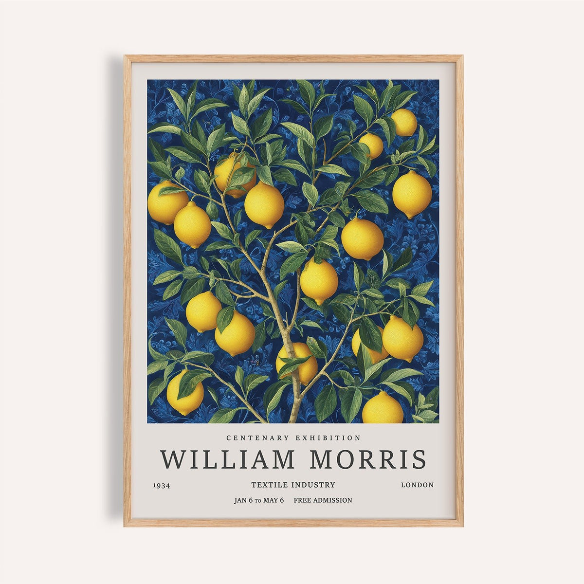 Framed lemon wall art for kitchen featuring a botanical illustration of a lemon branch with yellow fruit and green leaves