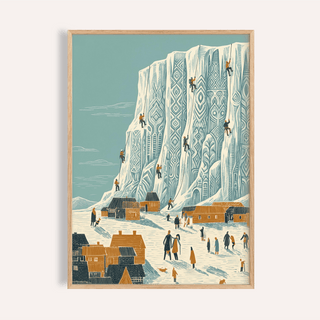 Mountain Climbing Art Print of ice climbers on patterned ice cliff in mid-century style