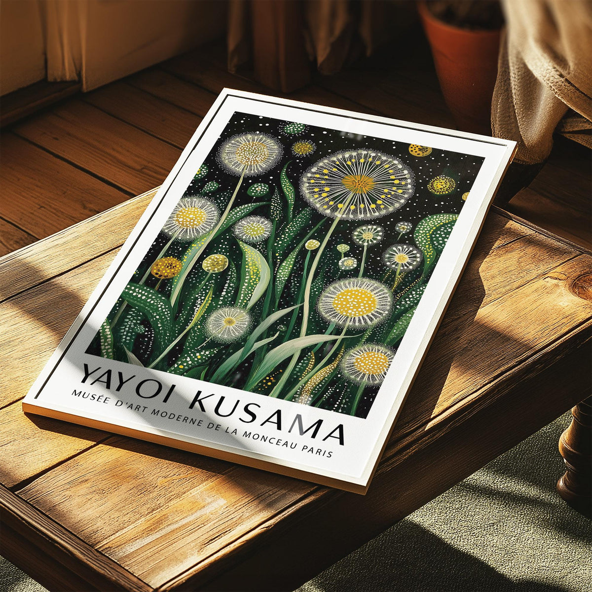 Floral wall art modern print of dandelion flowers in green and yellow tones on a wooden table