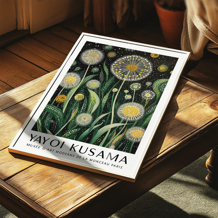 Floral wall art modern print of dandelion flowers in green and yellow tones on a wooden table