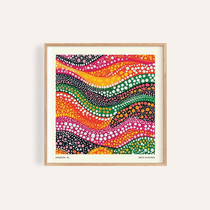 Abstract Art Colorful framed print close-up showing wavy dotted patterns in pink orange green and black
