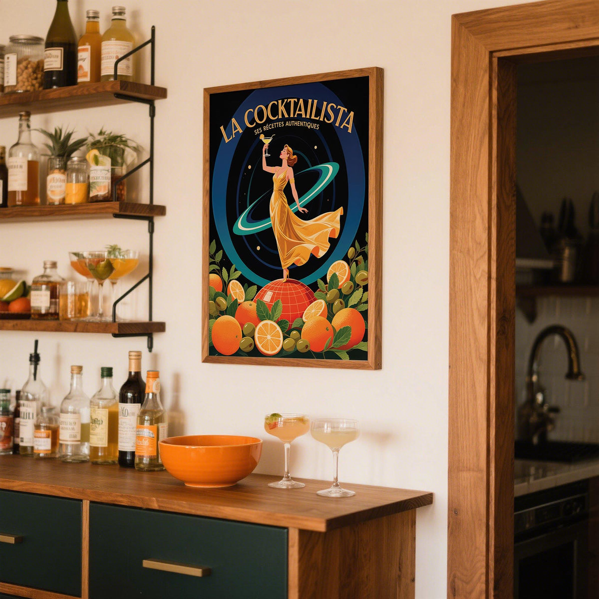 Prints for Bar framed print of a woman in a golden dress with cocktail above a wooden sideboard