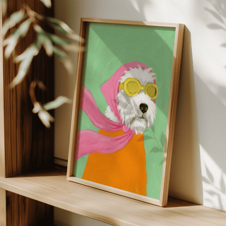 Funny Pet Poster leaning on a shelf with shadows of a plant on the wall
