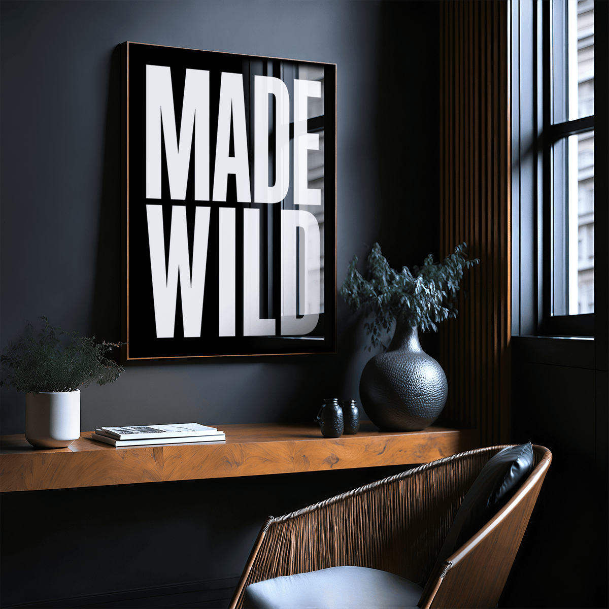 Made Wild Art Print on dark wall with minimalist white text above wooden shelf with plants