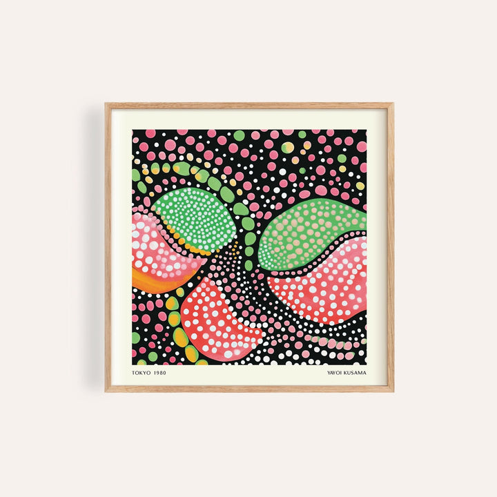 Framed Green Pink Art with abstract fruit shapes in pink green and black with white dots
