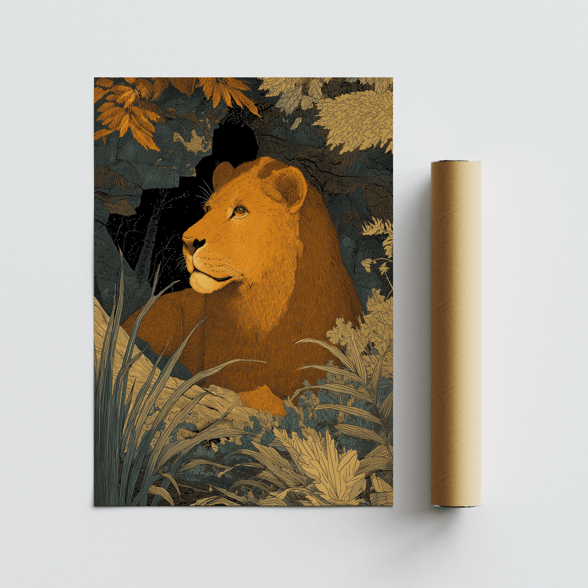 Wildlife Art Print of a lioness in line-art style with orange and grey foliage alongside a packaging tube