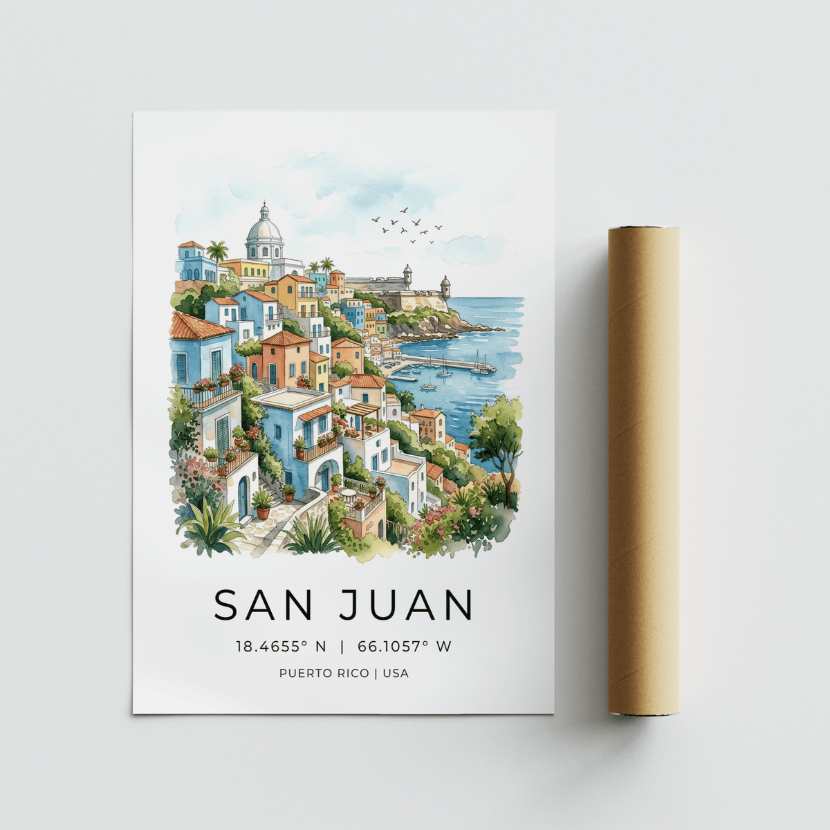 San Juan Art Print with colourful watercolour coastline illustration beside a packaging tube