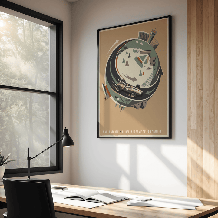 Single Seater Race Car wall art in black frame with retro style above a wooden desk and lamp