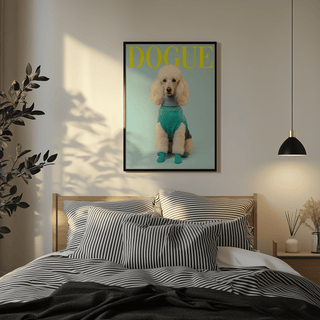 Pet Wall Decor framed print of a white poodle in a blue sweater above a bed