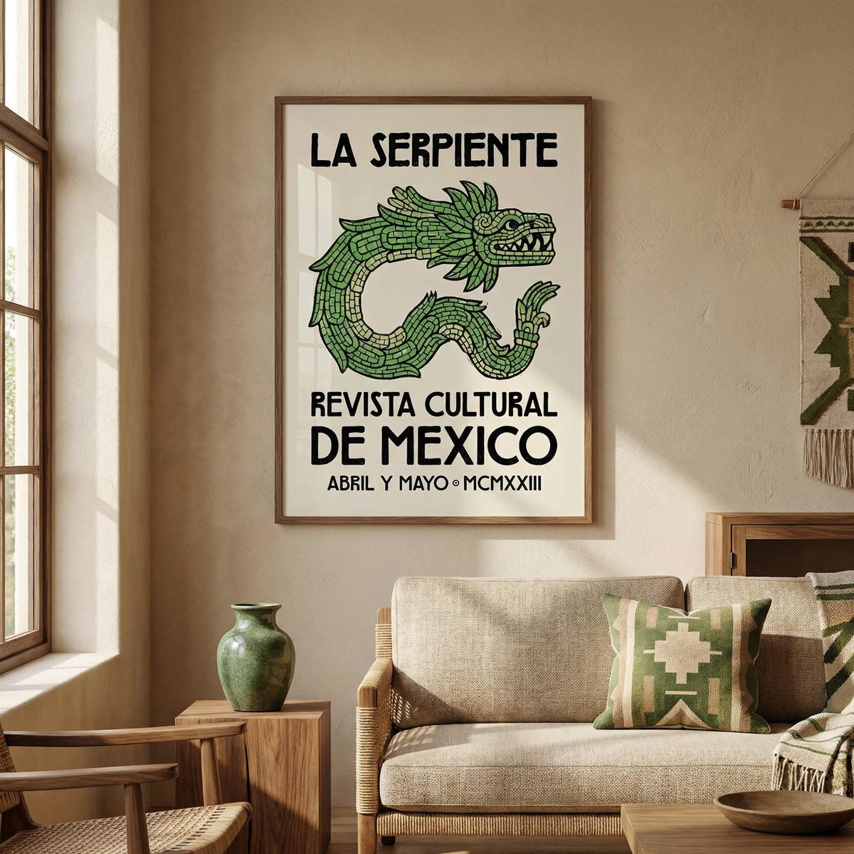 Serpent Cultural Art Print in wooden frame with green ceramic vase on side table in living room