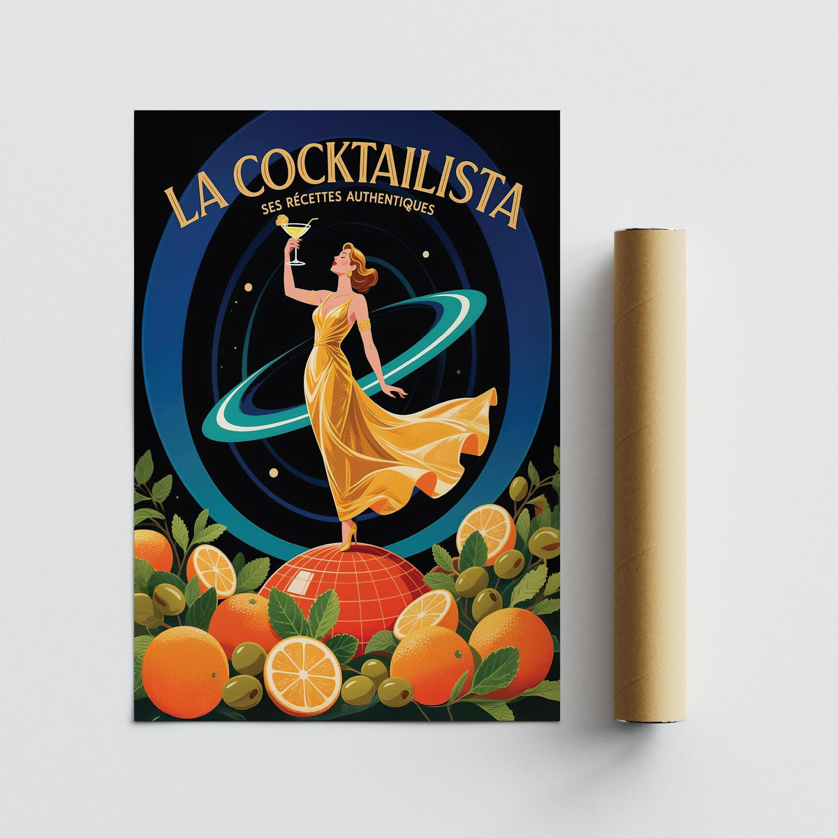 Print for bar with woman in a flowing golden dress holding a cocktail next to a packaging tube