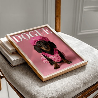 Framed Fashion Dachshund wall art of a black dog in a pink hat and outfit leaning on a beige chair